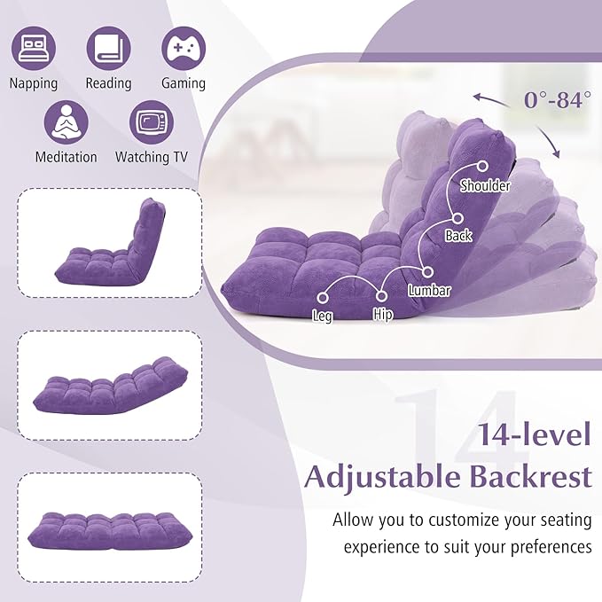 ARLIME Adjustable Floor Chair, 14-Position Lazy Sofa Chair with Back Support & Thick Padding, Portable Foldable Floor Couch for Adults, Kids, Use in Bedroom, Living Room, Home Theater (Purple)
