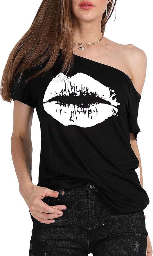 MAGICMK Women’s Short Lips Print Causal Off The Shoulder Plus Size T-Shirt Tops