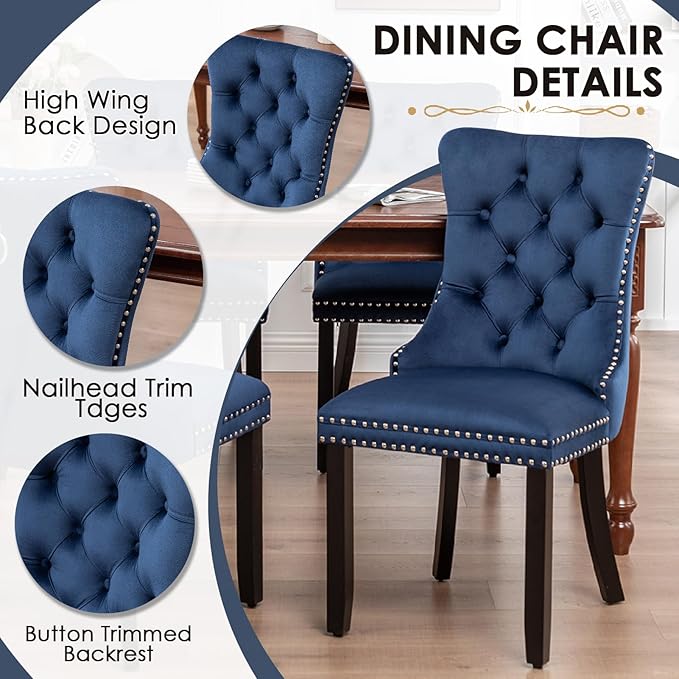 Kiztir Velvet Dining Chairs Set of 4, Upholstered Dining Chair with Nailhead Trim and Solid Wood Legs, Navy Luxury Wingback Dining Side Chair for Living Room, Bedroom, Kitchen (Blue)
