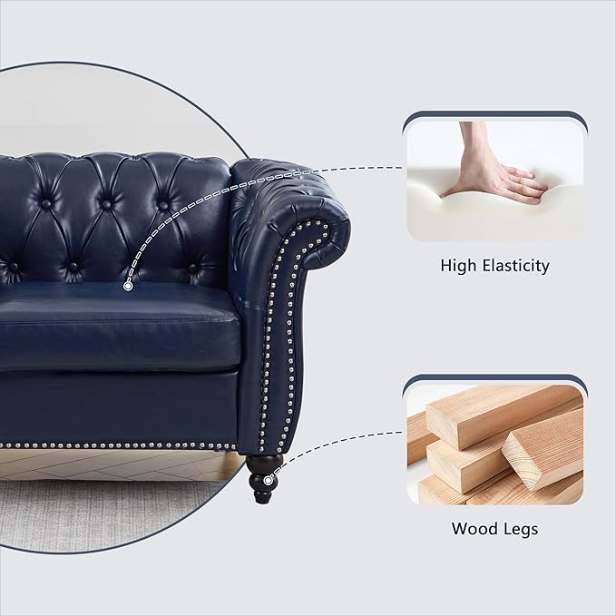 QHITTY Accent Large Sofa, Chesterfield Couch 3 Seater Modern Leather Couch Upholstered Sofa with Tufted Back for Living Room Furniture (Blue)