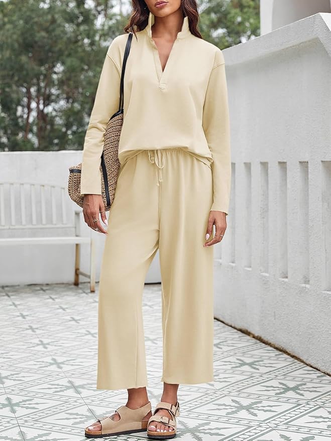 Imily Bela Womens 2 Piece Outfits Sweatsuit Long Sleeve Lapel V Neck Shirt and Wide Leg Pants 2025 Fall Trendy Tracksuit