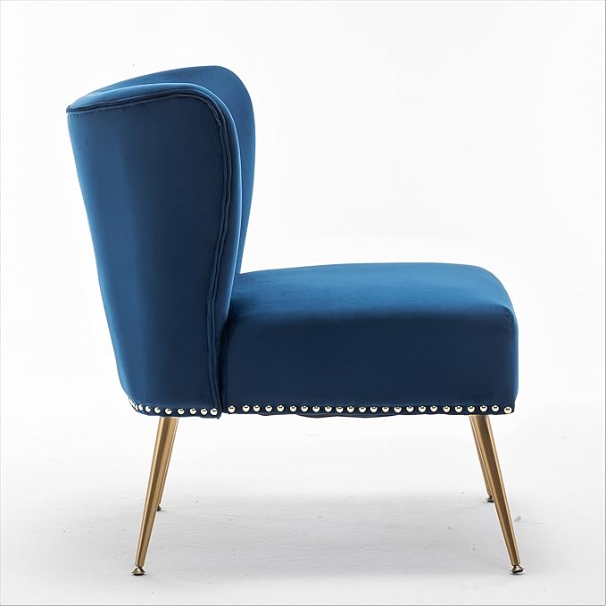 Container Furniture Direct Thia Armless Velvet Accent Chair for Living Room, Elegant Seat with Nailhead Trim, Gold Metal Legs and Comfortable Curved Back, 28" D x 25" W x 29.5" H, Dark Blue