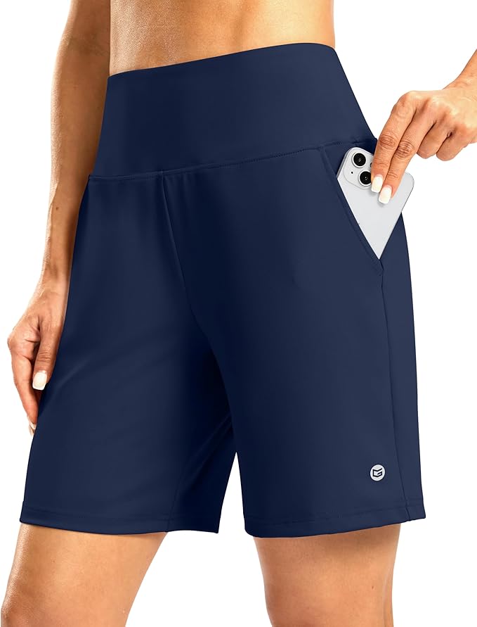 Women's Athletic Shorts with Zipper Pocket 7" High Waisted Stretchy Bermuda Shorts for Women Workout Running Casual