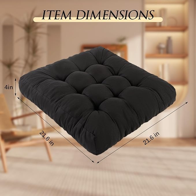 LYLNBYWK Meditation Floor Cushions, Thickened Floor Pillow for Adults, Large Square Pillows Seat Cushion for Tatami Living Room Yoga, Memory Sponge Block Added, 22x22 Inch, Black