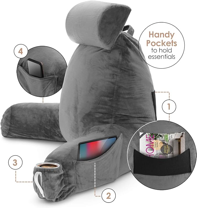Nestl Reading Pillow with Shredded Memory Foam Includes 2 Neck and Lumber Support Pillows, Designed for Sitting Up in Bed and Couch, Back and Arms Adjustable Support for Adult & Teens, Dark Grey