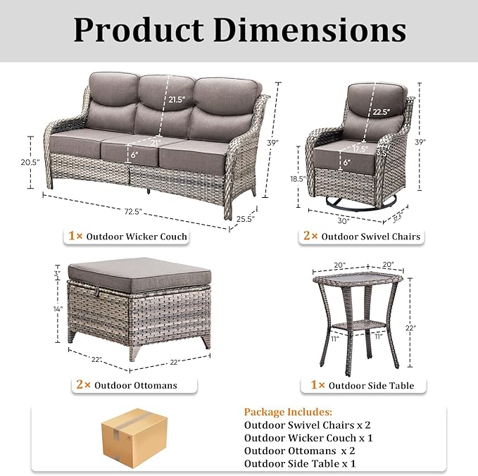 Pugire Luxury High Back Patio Furniture Set with 6-Inch Thick Cushions, 6-Pieces Outdoor Furniture with Swivel Chairs and Side Table, Wicker Conversation Set for Porch, Balcony, Deck and Yard, Grey
