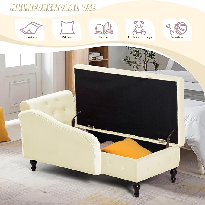 ACMEASE Upholstered Chaise Lounge with Right Armrest & Lumbar Pillow,Button Tufted Lounge Sofa with Storage,Lounge Chair Indoor,Modern Velvet Lounge Chair for Bedroom, Living Room and Office,Beige
