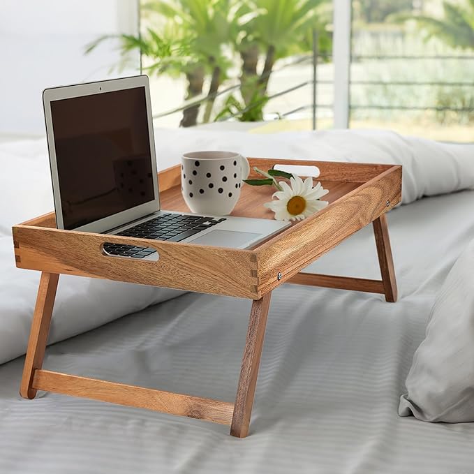Taxenxar Extra Large Folding Bed Tray Table, 22’’ x 14’’ Acacia Wood Breakfast Tray, Food Serving Tray with Legs for Eating in Bed