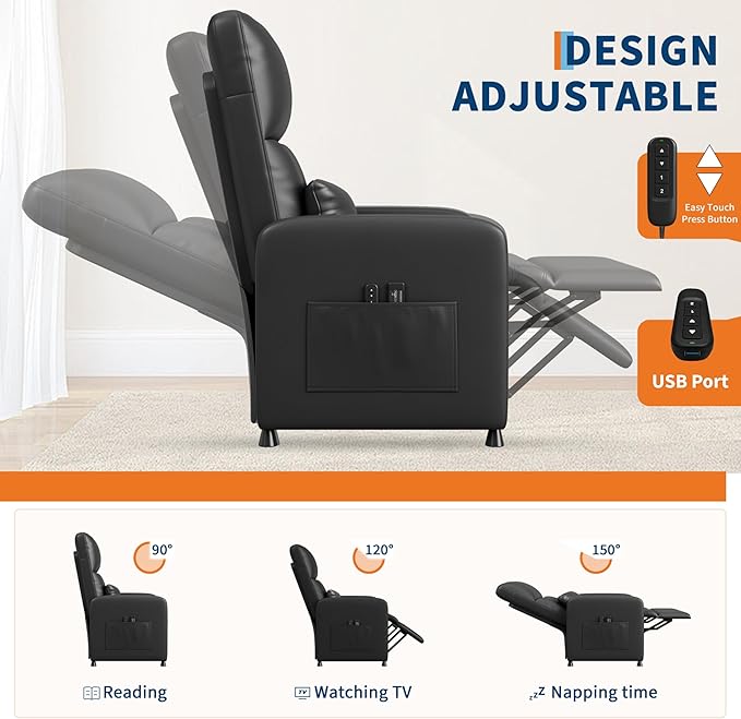 GarveeHome Power Recliner Chair, Adjustable Electric Recliner Ergonomic Overstuffed PU Leather Single Sofa, Tall Back, Padded Seat, 2 Side Pockets and USB Port, Home Theater Seating for Living Room