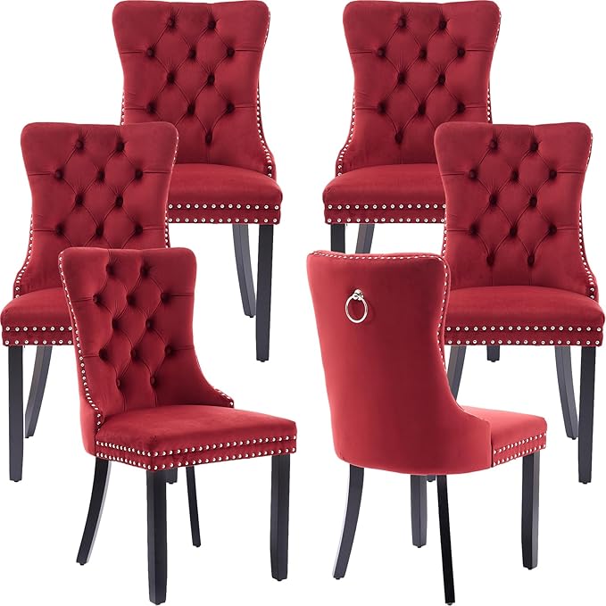 YeahFurn Mid Century Modern Dining Chairs Set of 6, Velvet Upholstered Kitchen & Dining Room Chairs with Nailhead Trim & Solid Wood Legs, Tufted Kitchen Chairs, Elegant Sillas De Comedor (Red, 6 Pcs)