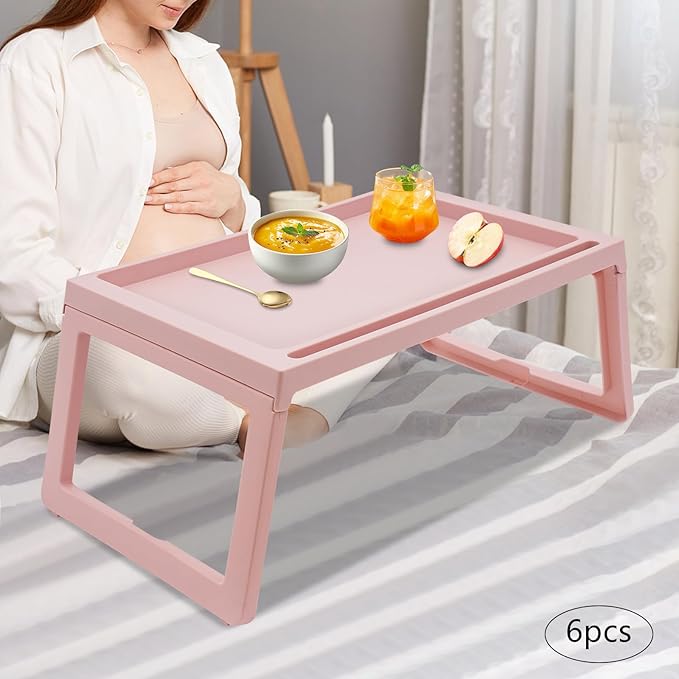6PC Bed Tray Table with Folding Legs, Plastic Small Breakfast in Bed Tray Laptop Table Foldable Lap Desks for Eating on Sofa Laptops Sleepover Slumber Party Kids Adult (Pink)