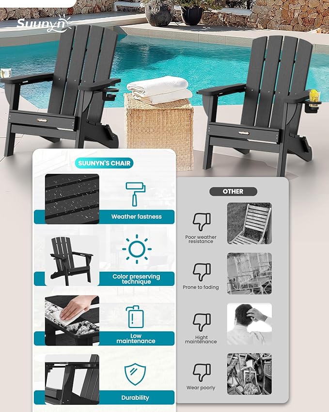 Folding Adirondack Chair 4 Pack, HDPE All-Weather Fire Pit Chairs, Plastic Adirondack Chairs with 2 Cup Holder, Outdoor Lawn Chair for Patio Garden (Black)