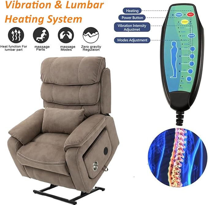 Large Lift Chairs Recliners for Elderly with Heated and Massage, Infinite Position Dual Motor Power Lay Flat Recliner with Cup Holder (Light Brown)
