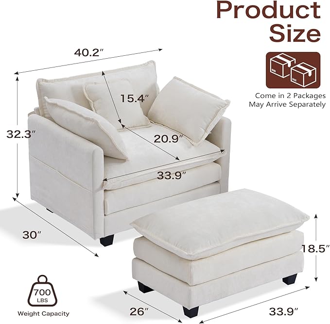 SweetGO corporation 40" Chenille Lounge Chair for Reading, Modern Couch Cozy Sofa Bed, Upholstered Living Room Single Sofa Accent Chair with Ottoman, Beige