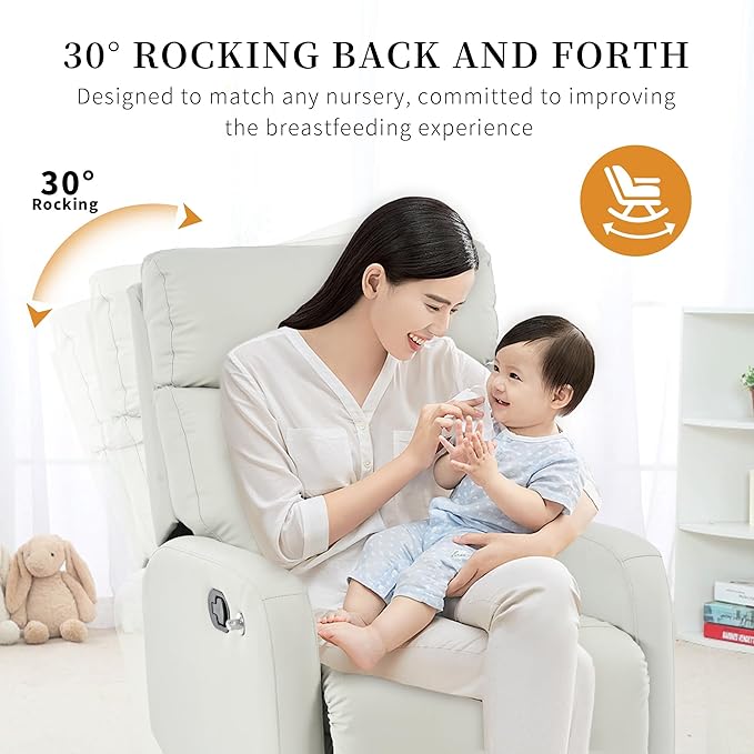 QKFF Swivel Rocker Recliner Chair for Nursery, Upholstered 360° Leather-air Glider Rocking Chair with Phone Holder, Manual Small Recliners for Small Spaces Living Room