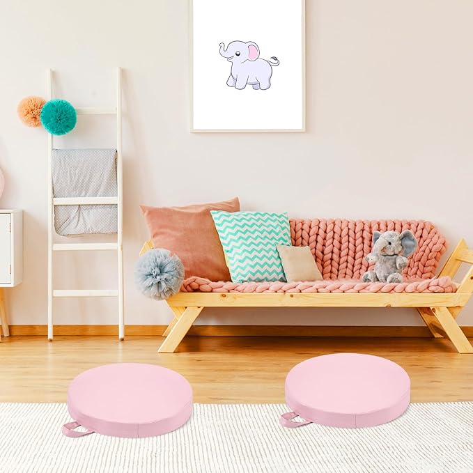 Sawysine 2 Pcs 14 Inch Floor Cushions with Handle, Flexible Round Floor Seating Pillows for Home School Classroom Kindergarten Daycare Nursery, 2 Inch Thick (Pink)