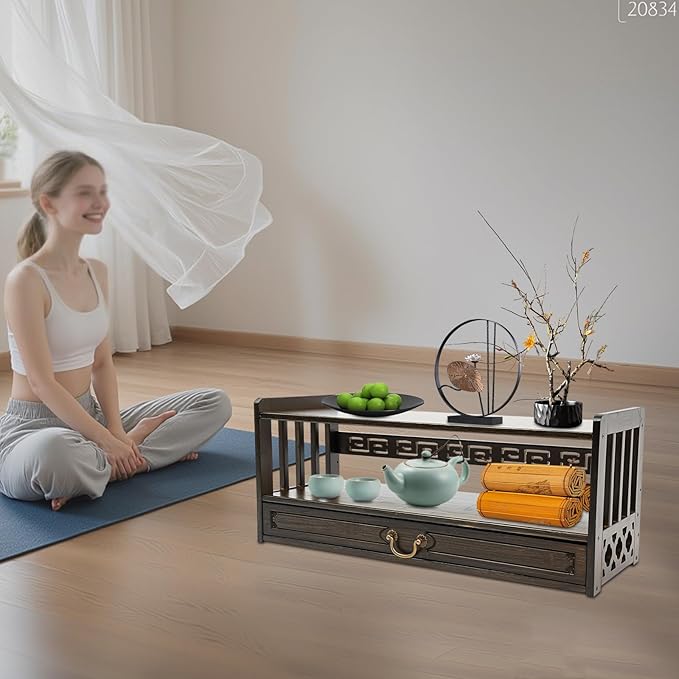 Floor Table Low 2-Tier Meditation Altar Table with Drawers Bamboo Coffee Table Desktop Organizer for Japanese Tatami Chinese Asia, Prayers, Displaying Jars/Plants/Books-27.2*9.8*11in (Walnut Color)