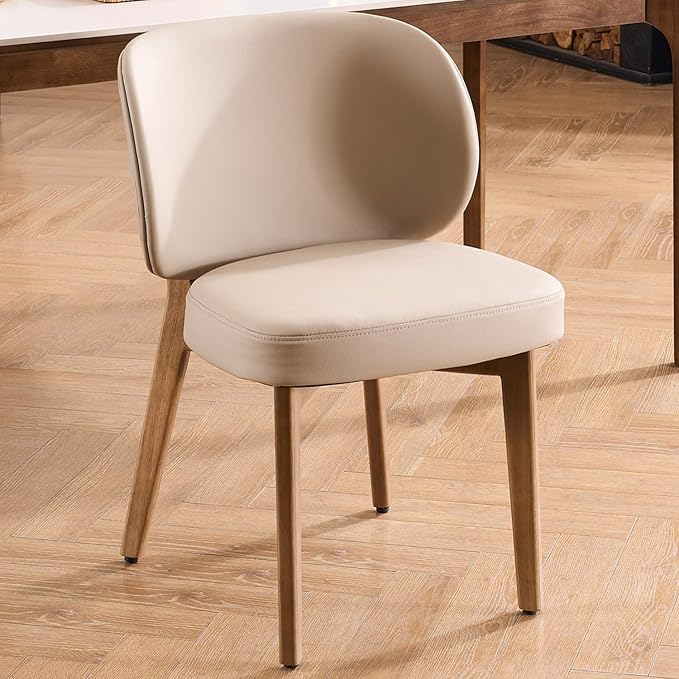 YOUNUOKE Upholstered Dining Chair, Modern PU Leather Dining Room Chair with Wood Legs, Widen Backrest Comfy Armless Side Kitchen Chairs, Khaki (Single Pack)