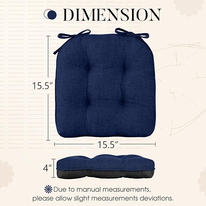 Basic Beyond Chair Cushions for Dining Chairs 4 Pack, Chair Cushion with Ties and Non Slip Backing, 15.5 x 15.5 inches Tufted Chair Pads for Dining Chairs(Royal Blue)