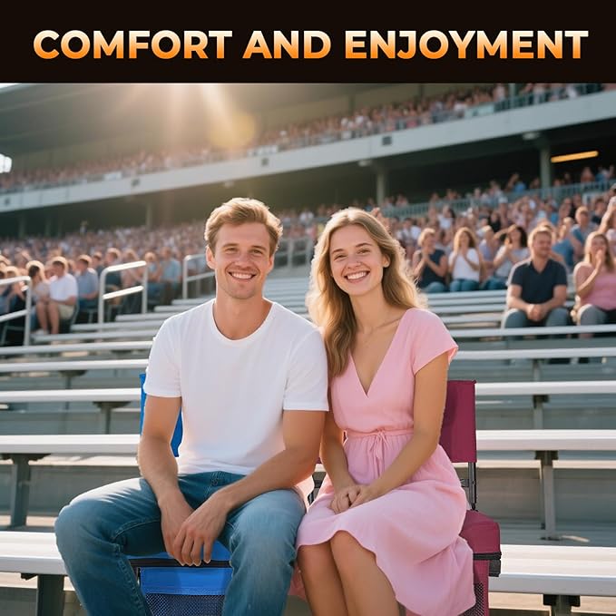 behairity Adjustable Stadium Seats with Back Support – 4-Position Reclining Bleacher Chairs with Padded Cushion, Foldable Portable Stadium Chair with Front Pocket and Shoulder Strap (Black)