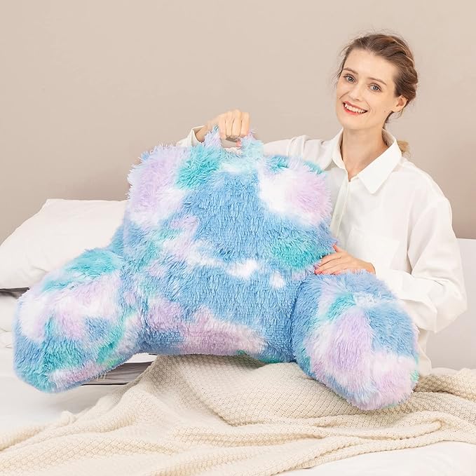 Jillche Bed Stylish Ross Fur Adults & Kids Reading Pillow, Cozy Soft Bed Wedge Pillow with Premium Stuffing, Pastel Back Support Pillow Gift, Sit up Bolster Pillow with Arms, Bed Chair Back Cushion