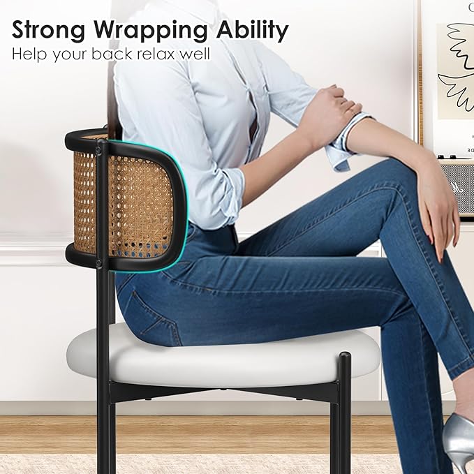 Farini Dining Chairs Set of 2, PU Leather Upholstered Seat with Woven Rattan Back, Sturdy Metal Legs Modern Side Chairs for Kitchen Living Room Restaurant, Beige