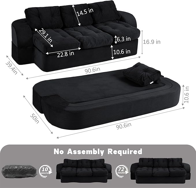 MeMoreCool Cloud Floor Sofa – 3-Seater Convertible Couch Bed, Tufted Corduroy, Black No Assembly | Modular Cushion Design | Compressed in a Box | Comfy for Living Room or Bedroom
