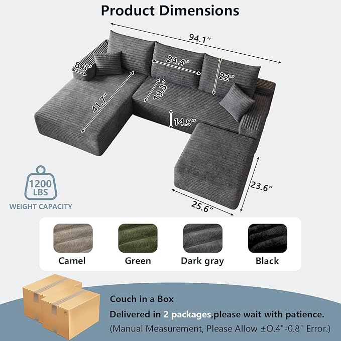 95" Cloud Sectional Couch with Ottoman,Modern U-Shaped Cloud Couch with Deep Seat,Comfy Corduroy 3-Seater Sofa,Memory Foam Sofa for Living Room,No Assembly (Dark Gray,Left-Facing Chaise)