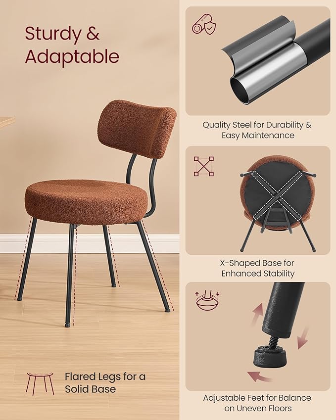 VASAGLE Boucle Dining Chairs Set of 4, Upholstered Kitchen Dining Room Chairs with Curved Backrest and Steel Frame, Modern Mid Century, Round, for Vanity, Living Room, Coffee Brown UKDC110K01-2J