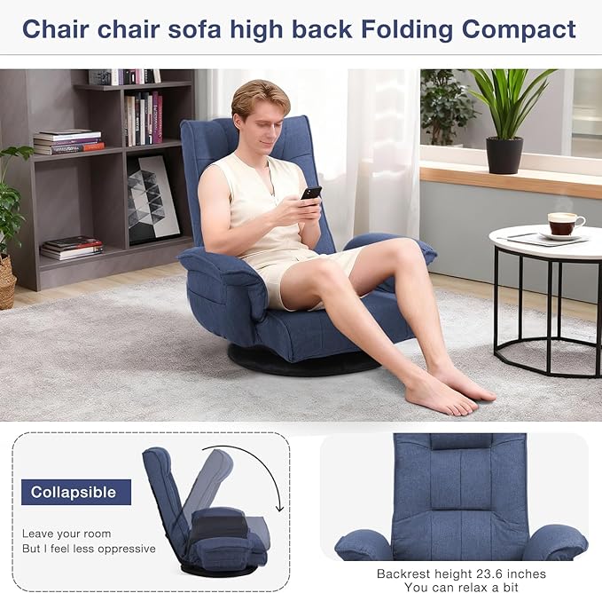 Ergonomic Swivel Floor Gaming Chair with Armrests & Side Pockets, 6-Position Reclining Sofa Bed, Foldable Padded Lounger with Thick Cushion & Lumbar Support for Esports, Reading, TV Watching (Blue)