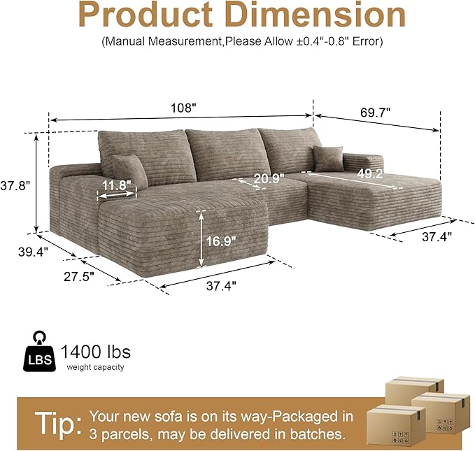 AUGOP 108" Sectional Couches for Living Room Modern Modular Sofa with L-Shape Couchs Upholstered Boneless Couch Deep Seat Sectional Couch with Chaise (Camel, Right Facing Chaise+2Seaters+1Ottoman)