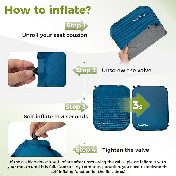 ATEPA Inflatable Seat Cushion, Self-Inflating Portable Stadium Airplane Travel Foam Cushion Pad for Camping, Sports Events, Outdoor