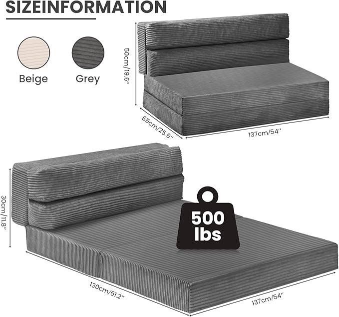 Folding Sofa Bed, Convertible Sleeper Chair with Pilow Foldable Matress, 2 in 1 Pull Out Loveseat Sofa Portable Fold Out Chair Bed Floor Couch Lounge for Living Room Bedroom (Grey, Full)
