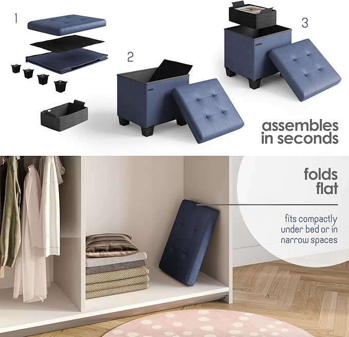 Storage Ottoman Cube with Small Bin, 16-in Square Ottoman with Storage for Living Room and Bedroom, Small Ottomans Foot Rest, Faux Leather Foot Stools Ottomans Max 330lbs, Blue