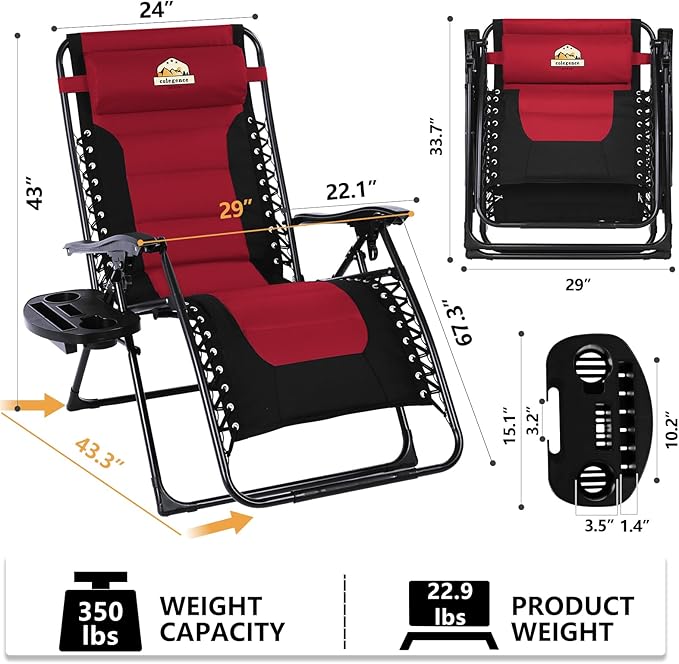 Colegence Oversized Padded Zero Gravity Lounge Chair Set of 2, Foldable Patio Anti Gravity Reclining Chairs Folding Lawn Recliner with Cup Holder for Yard, Camping, Outdoor, Support 350 LBS, Burgundy