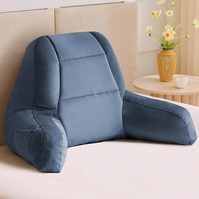 IASEAHK Reading Pillows for Sitting in Bed Adult, Back Pillow for Bed Sitting Up, Backrest Pillows with Shredded Foam for Adult&Teens, Support Pillow with Arms for Beds, Couch, Floor, 24in, Navy Blue