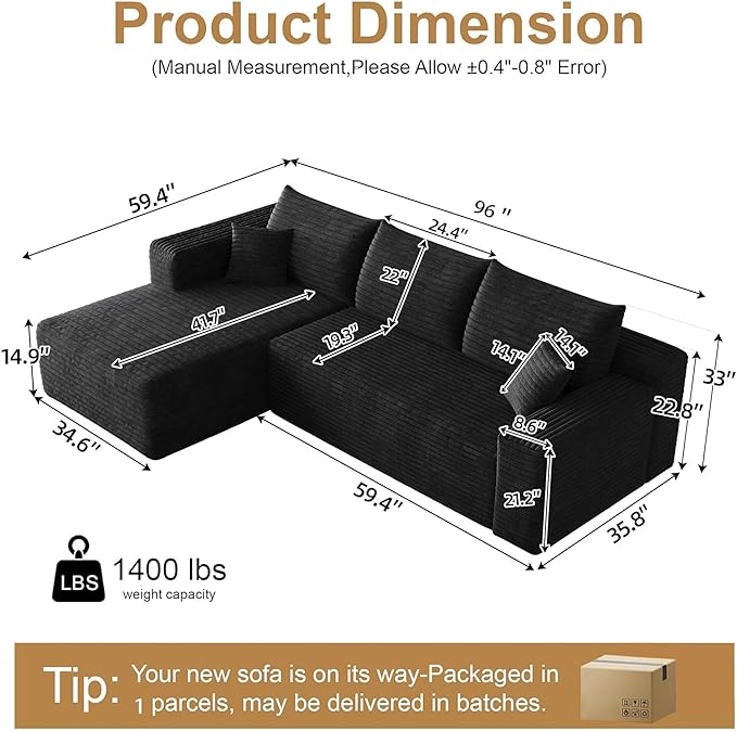 AUGOP 96" Sectional Couches for Living Room Modern Modular Sofa with L-Shape Couchs Upholstered Boneless Couch Deep Seat Sectional Couch with Chaise (Black, 96" Left Facing Chaise+2Seaters)
