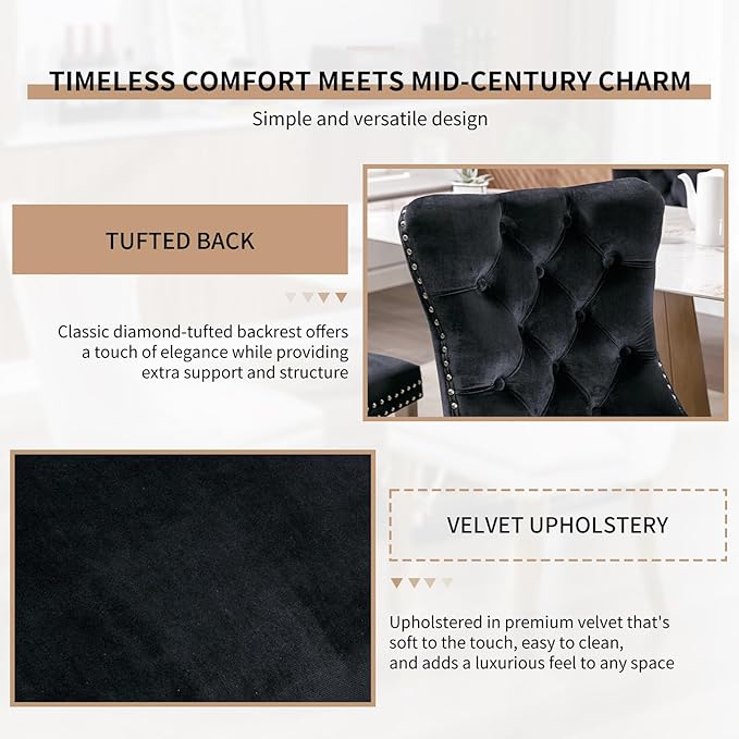 YeahFurn Mid Century Modern Dining Chairs Set of 2, Black Velvet Upholstered Tufted Back, Kitchen & Dining Room Chairs, Brushed Silver Metal Legs, Nailhead Trim, Sillas para Comedor (Black, 2 Pcs)