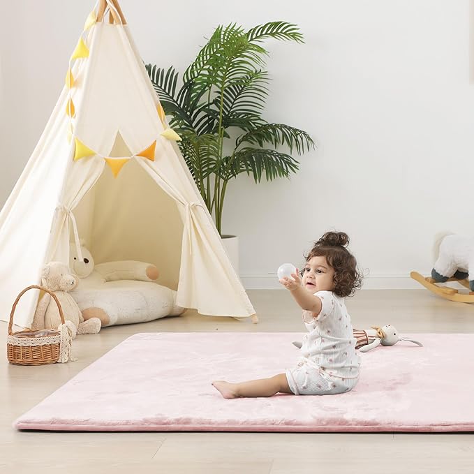 PaPaMat 1.5" Thick Baby Play Mat for Floor, 39x59 Playpen Mat, Pro Soft Flannel Foam Mats Toddler Infant Kids Crawling for Nursery Rug Playroom Living Room Waterproof Easy Care Non-Slip (Baby Pink)