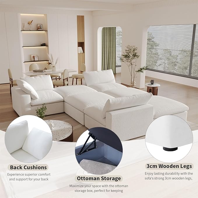 Cloud Couch Modular Sectional Sofa,160.6" Down Filled Sofa with Storage Ottoman,U Shaped Couch 6 Seater, White Convertible Sectional Sofa for Living Room,Covers Removable & Washable
