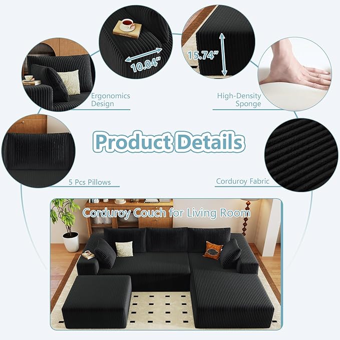 96" W Cloud Sectional Couch with Ottoman,Modern U-Shaped Cloud Couch with Deep Seat,Comfy Corduroy 3-Seater Sofa,Memory Foam Sofa for Living Room,No Assembly (Black,Right-Facing Chaise)