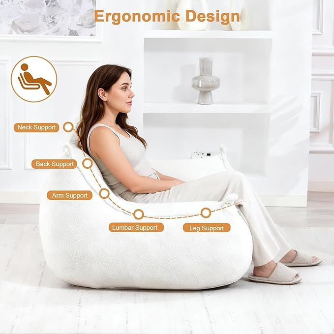 Giant Bean Bag Chair for Adults, Beige Loveseat Beanbag with Filling Plush Fluffy and Back Support, 2 Seater Lounge Lazy Floor Sofa, Memory Foam Couch for Living Room, Bedroom & Dorm