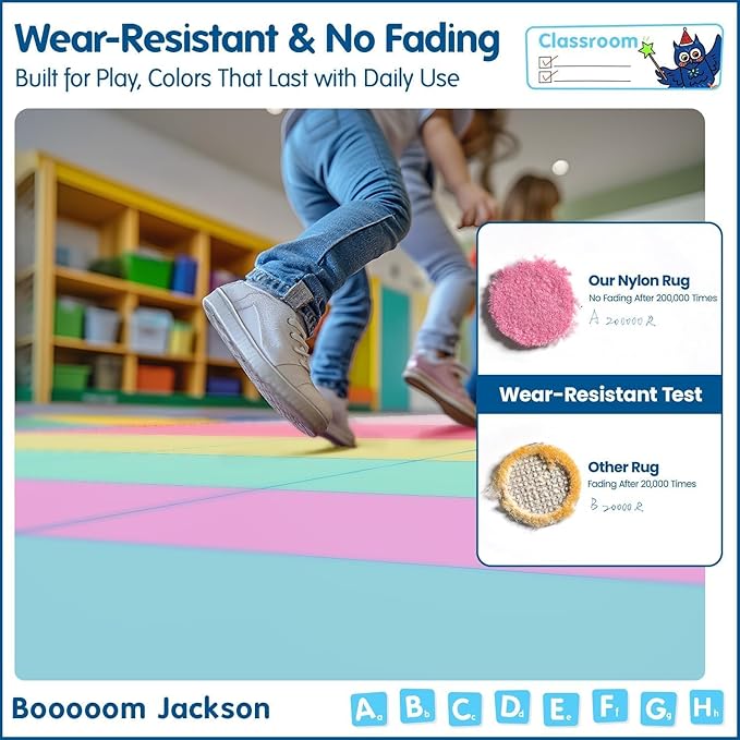 Booooom Jackson 7'6''x13' Pastel Rainbow Classroom Rug for Kids Room Seating Décor - Thick Nylon Large Preschool Carpet Daycare Rug for Teaching & Playroom, Non-Slip &No Triping,20X Stain Resistance