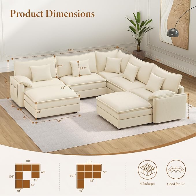 Vesgantti 101" V-Shaped Corner Couch Sectional, 7 Seat Customizable Modular Cloud Couches with Movable Ottoman, Chenille Deep Seat Sofa Set with Chaise for Living Room, Bedroom and Apartment, Beige