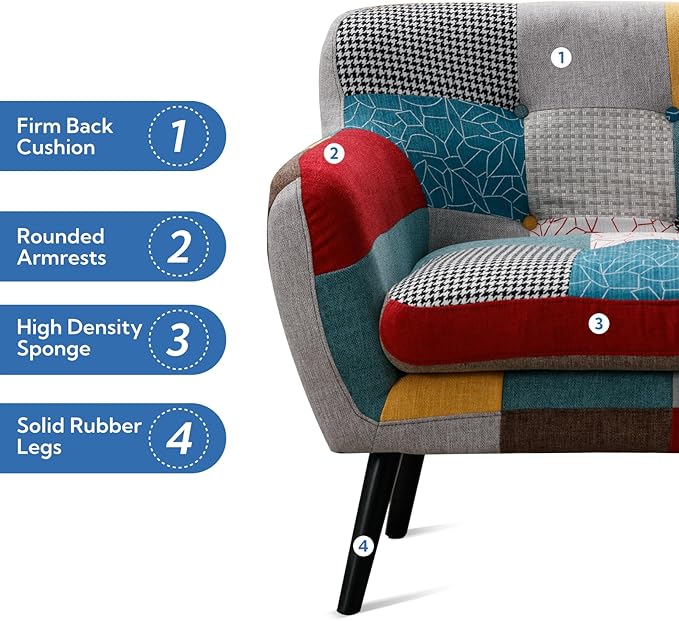 Bonzy Home Modern Accent Chair Set of 2 for Living Room, Colorful Boho Linen Fabric Upholstered Armchair with Wood Legs, 2 Single Chairs