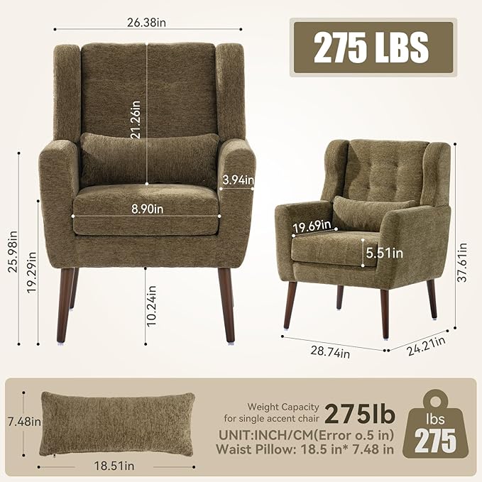 QKFF Modern Accent Chair, Upholstered Armchair with Pillow, Fabric Single Sofa Chair with Lounge Seat and Wood Legs Accent Chair for Living Room Bedroom Small Spaces (Avocado, Set of 1)