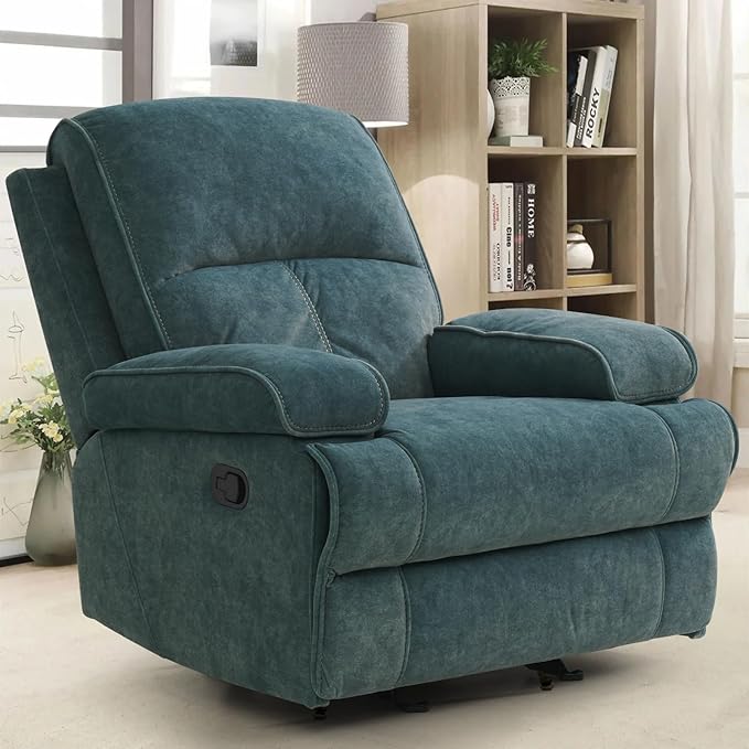 KeyEnergy Manual Rocker Recliner Chair for Adults, High Back Glider with Deep Seat, Upholstered Fabric Armchair for Living Room & Nursery, Blue