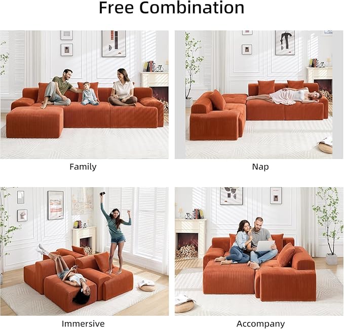 118" Modular Sectional Sofa, Cloud Sectional Couch with Chaise, Modern Boneless L-Shaped Sofas with Deep Seat, Upholstered Comfy Couches for Living Room, No Assembly Required, Plush Corduroy,Orange