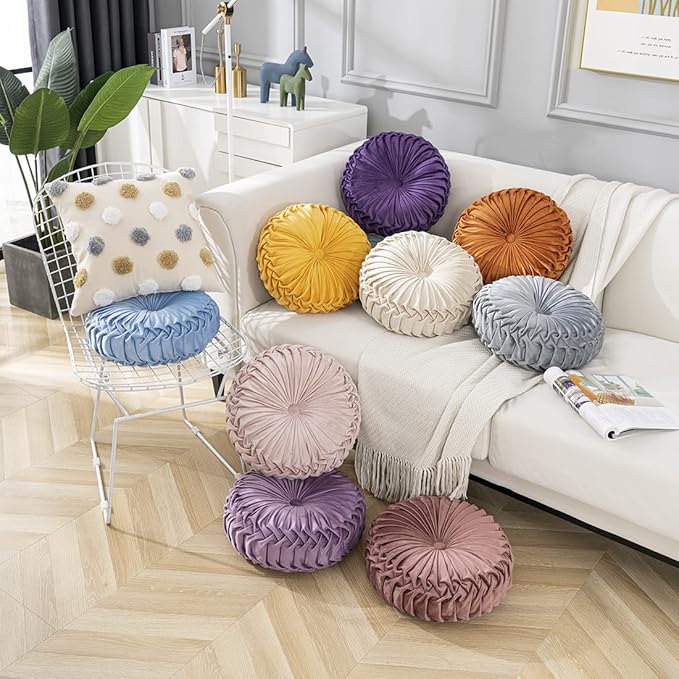vctops Purple Velvet Seat Cushions Round Floor Pillows Thicken Chair Cushions Pleated Chair Pads Seat Pad Throw Pillows for Bedroom Living Room (Light Purple,Diameter 15")
