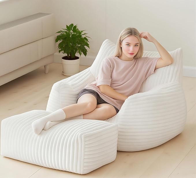 Bean Bag Chair for Adults with Armrest - Ultra Plush Memory Foam Lounge Sofa & Oversized Comfy Chair for Bedroom, Living Room & Dorm (Beige, with Pedals)
